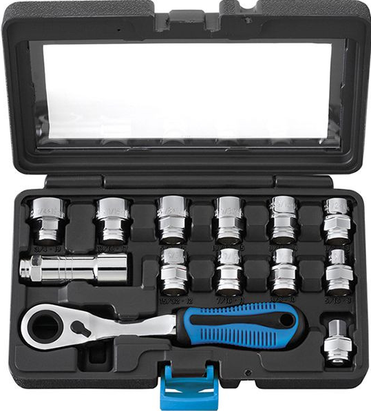 Set 13 bussole profilo ribassato da 3/8 con foro passante Fervi 0593