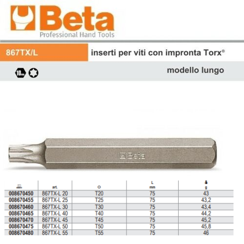 Inserti per viti torx Beta 867TX/L attacco esagono da 10mm tipo lungo