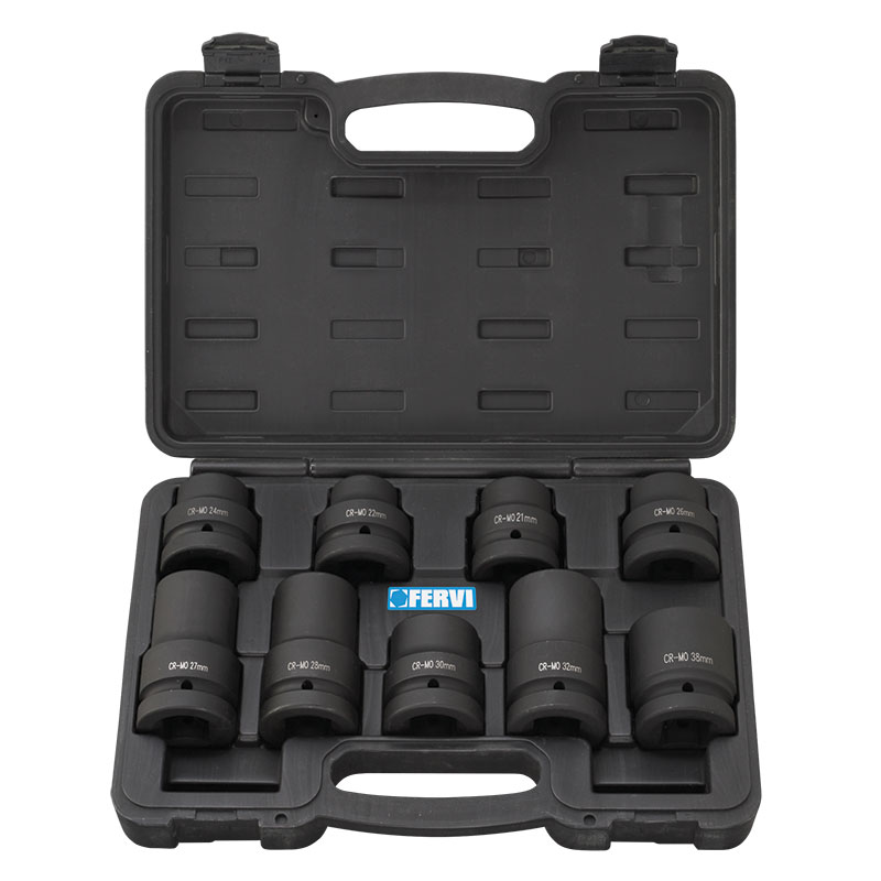Set 9 bussole corte e lunghe ad impatto esagonale per avvitatore pneumatico 21-32mm Attacco 1" Fervi I109