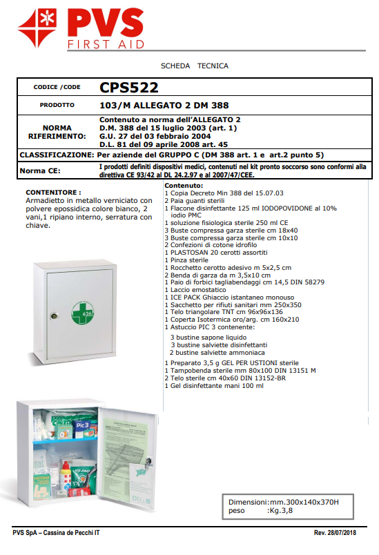 Armadietto di pronto soccorso in metallo allegato 2 fino a 3 dipendenti 300X140X370H  Pvs CPS522